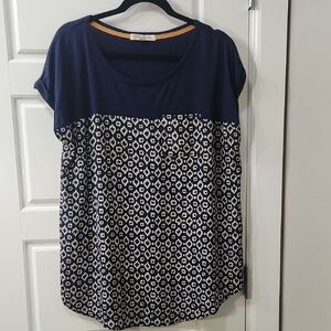 Rewind Navy and White Patterned Short Sleeve Women's Top - XXL
